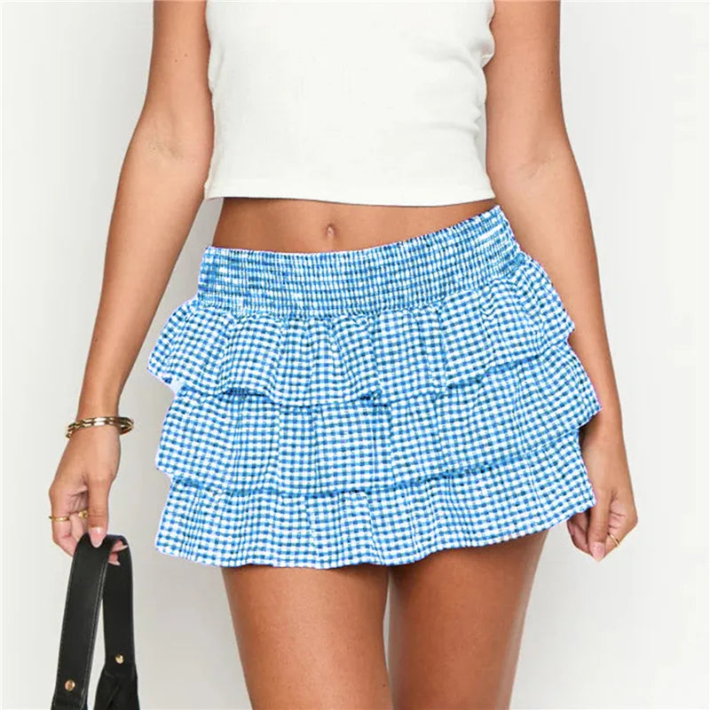 Women Plaid Ruffle Mini Skirt - Blue / S