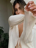 Women Pleated Plain Shirts Spring Fall Chic Long Flare Sleeve V- Neck Tie Up Cardigans Top