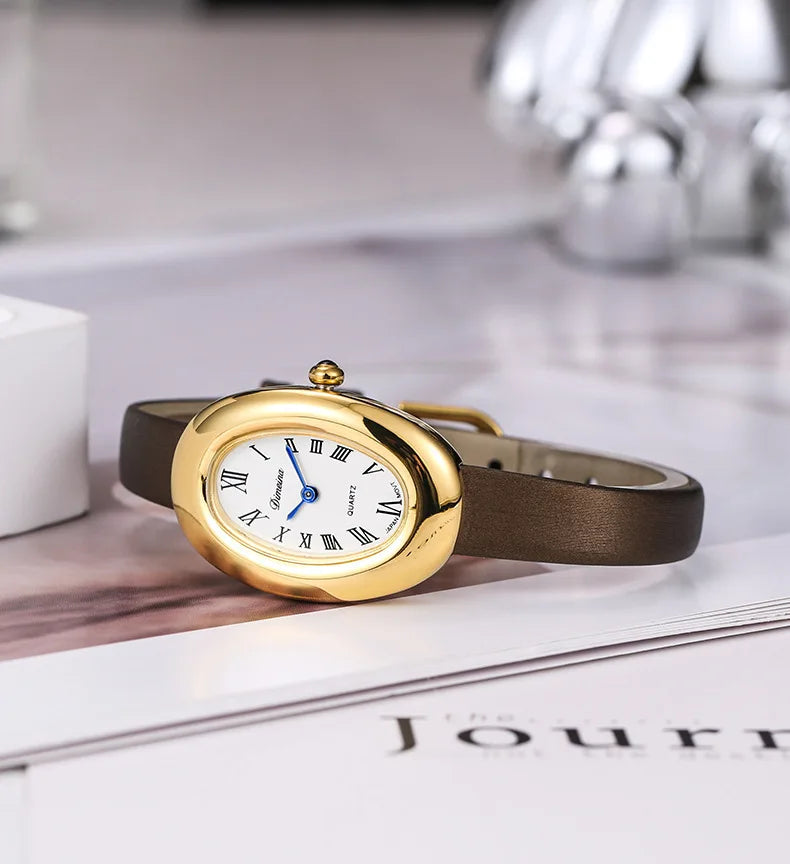 Women Quartz Watch Roman Numerals Vintage Simple Oval Clock Stainless Steel