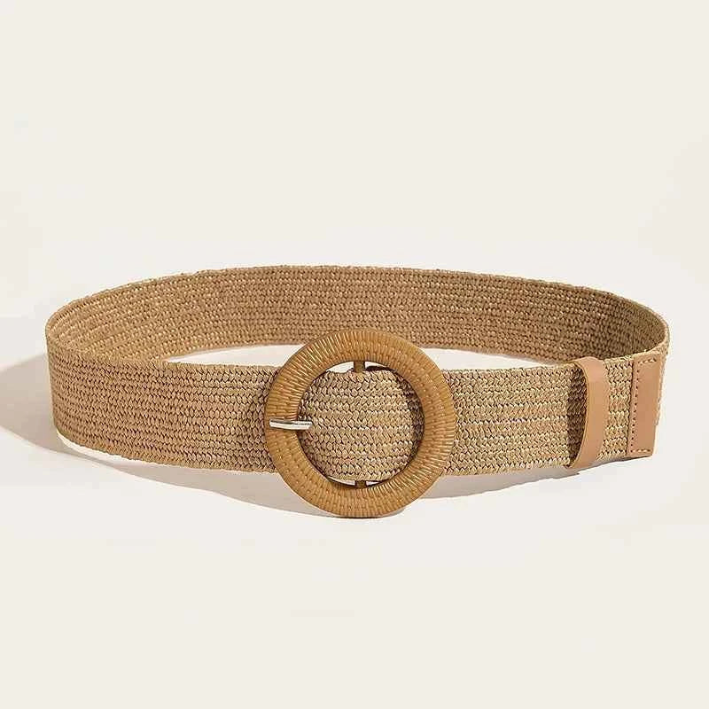 Women Round Buckle Boho Straw Belt