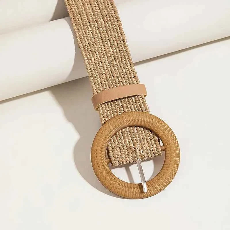Women Round Buckle Boho Straw Belt