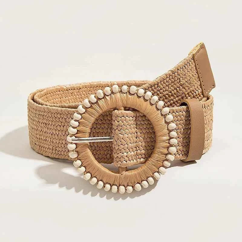 Women Round Buckle Boho Straw Belt
