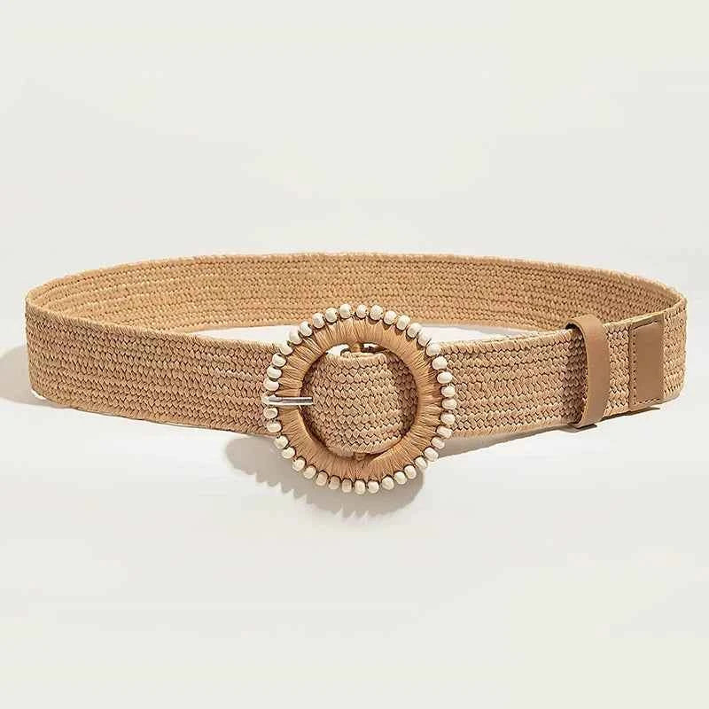 Women Round Buckle Boho Straw Belt
