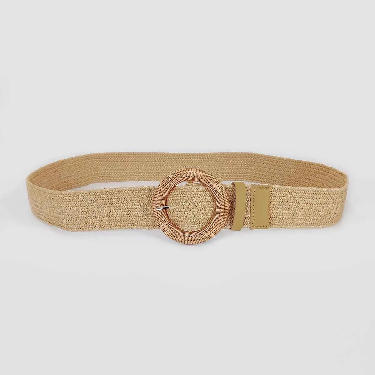 Women Round Buckle Boho Straw Belt