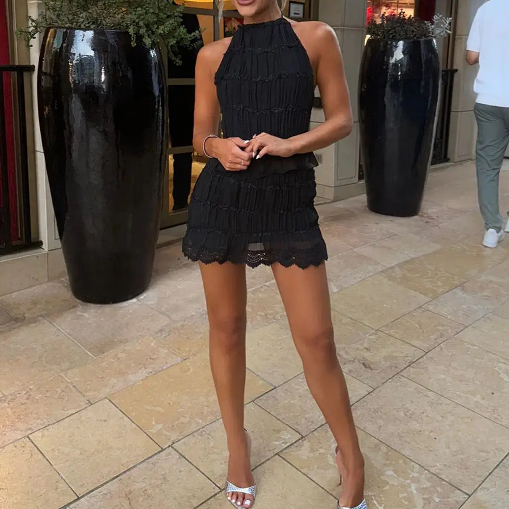 Women Set Sleeveless Lace-up Halter neck Crop Vest + High Waist Pencil Skirt - A / M