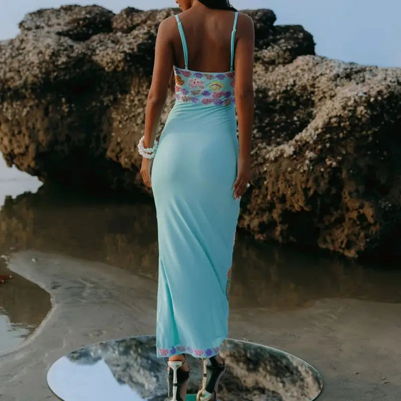 Women Shell Print Sleeveless Adjustable Straps Square Neck Straight Long Dress - A / S