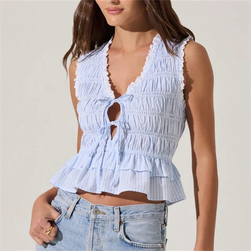 Women Shirred Tank Top - Blue / S