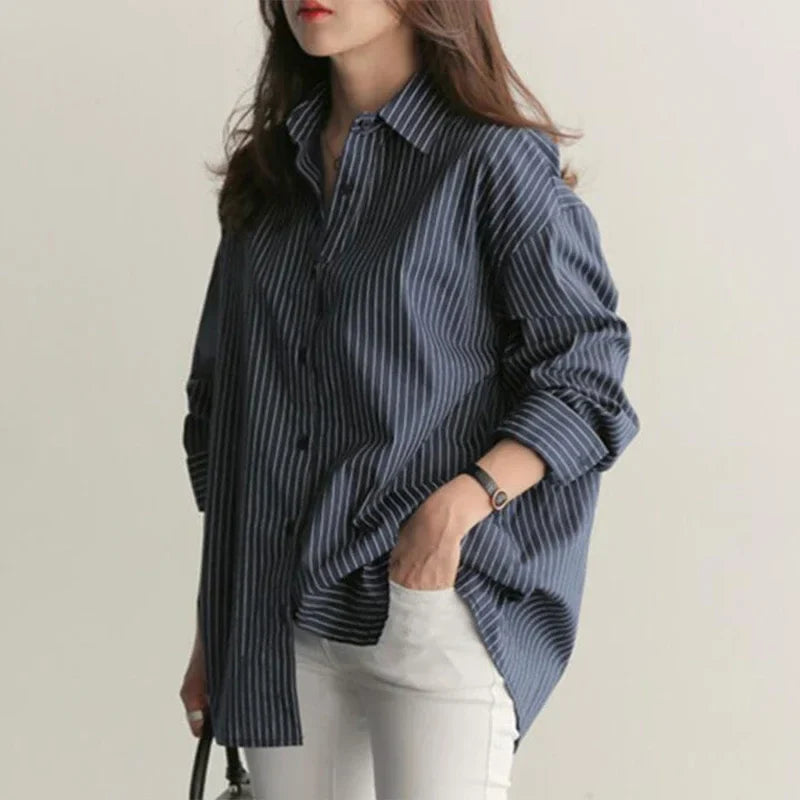 Women Shirt Stripes Blouse Lady Loose Long Sleeve Oversized