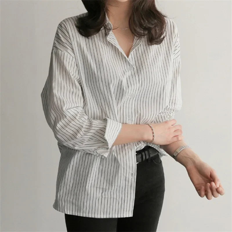 Women Shirt Stripes Blouse Lady Loose Long Sleeve Oversized