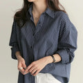 Women Shirt Stripes Blouse Lady Loose Long Sleeve Oversized - blue / 2XL