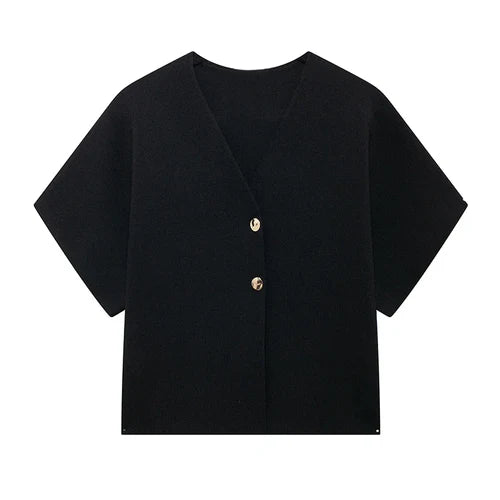 Women Short Sleeve V-neck Casual Solid Knitted Vests Top Two Buttons - M / black - Other