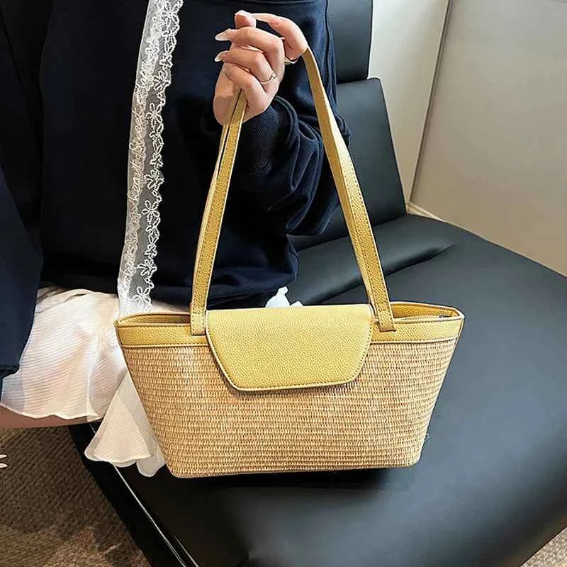 Women Shoulder Bag PU Woven Patchwork Stick Bag