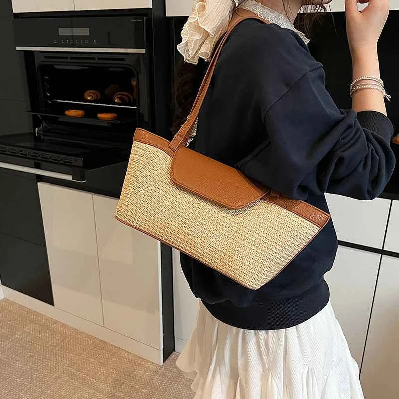 Women Shoulder Bag PU Woven Patchwork Stick Bag