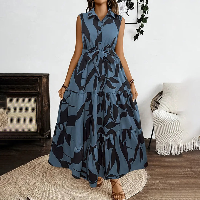 Women Sleeveless Boho Floral Maxi Dress Button Shirt V Neck Flowy Belted - electronic accessories