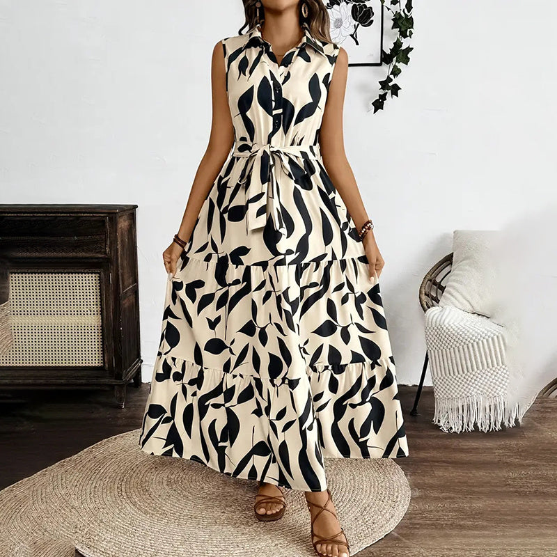 Women Sleeveless Boho Floral Maxi Dress Button Shirt V Neck Flowy Belted - electronic accessories