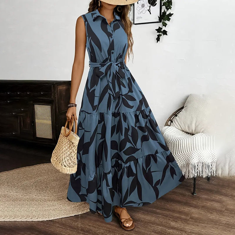 Women Sleeveless Boho Floral Maxi Dress Button Shirt V Neck Flowy Belted - Blue / 2XL - electronic accessories