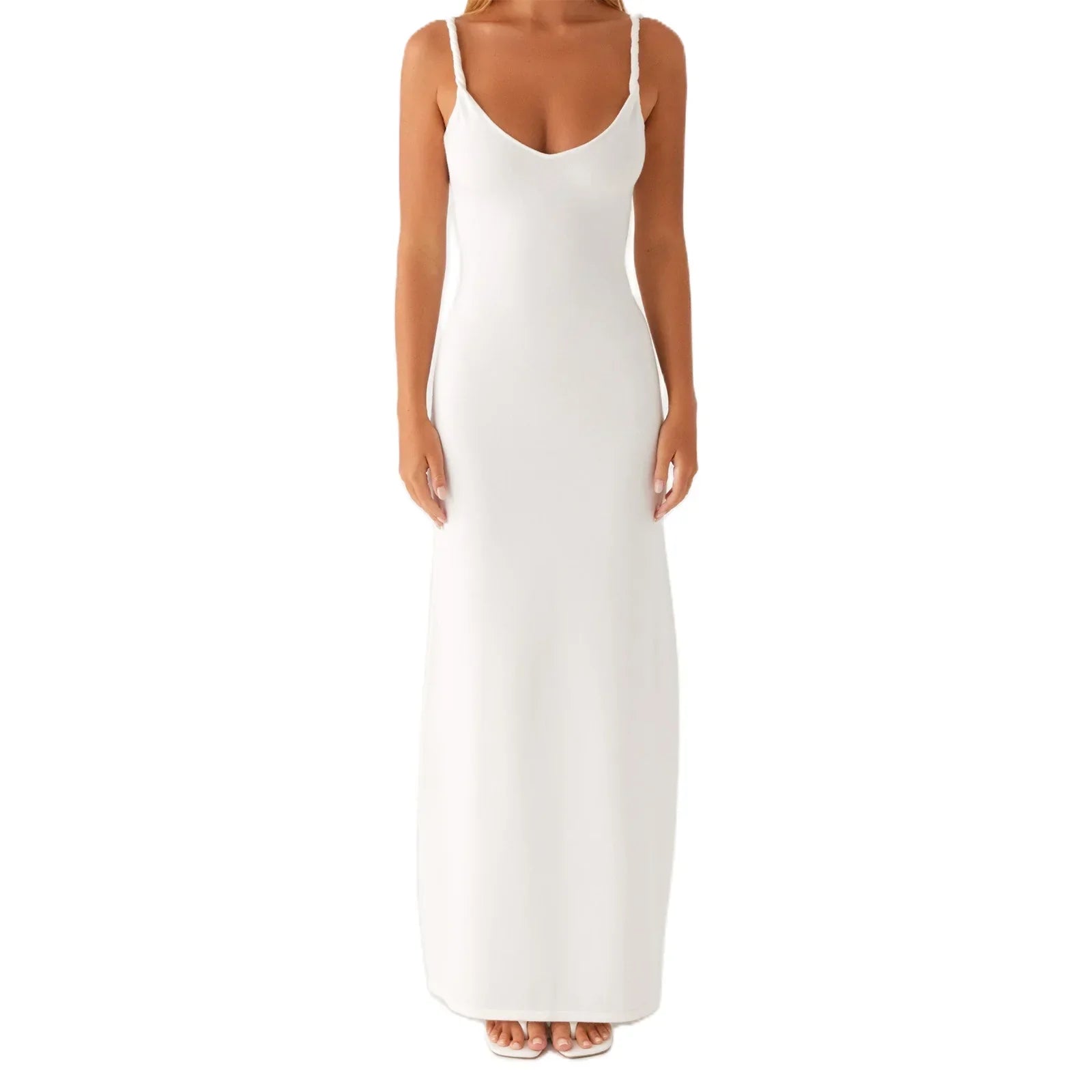 Women Sleeveless Dress V-Neck Backless - WHITE / M