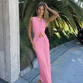 Women Solid Color Dress Set Sleeveless Single-breasted Top Shirt Maxi Skirt - Pink / L