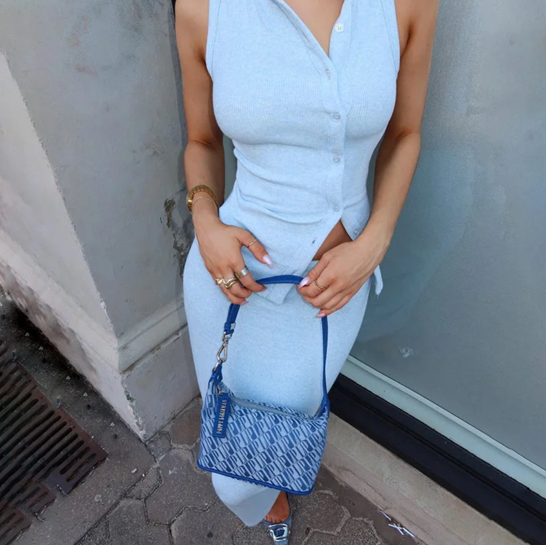 Women Solid Color Dress Set Sleeveless Single-breasted Top Shirt Maxi Skirt