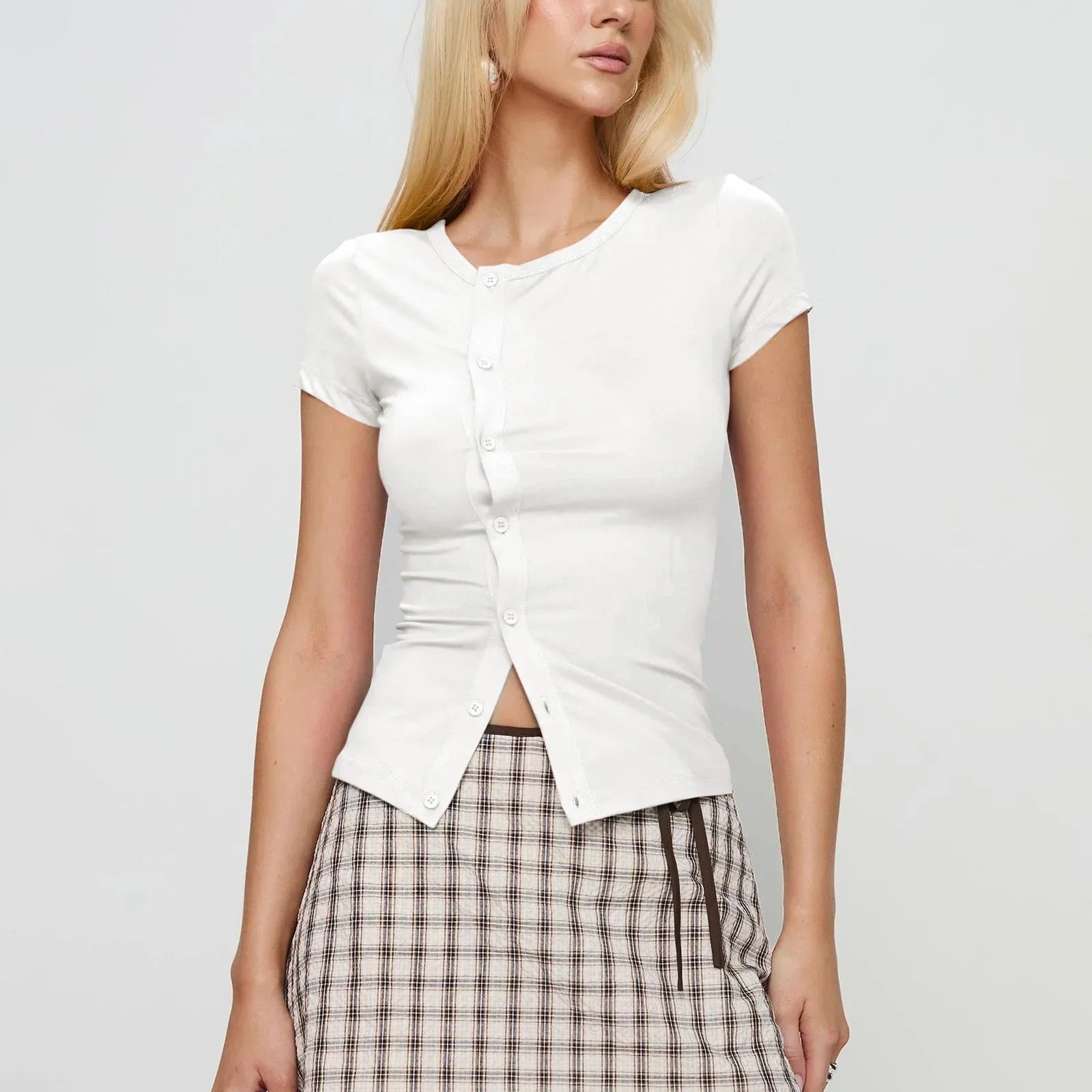 Women Solid Color T-shirt Crew Neck Short Sleeve Button Crop Top - F / S