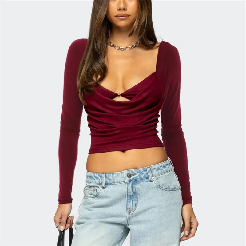 Women Solid Long Sleeve Casual Crop Top - C / M