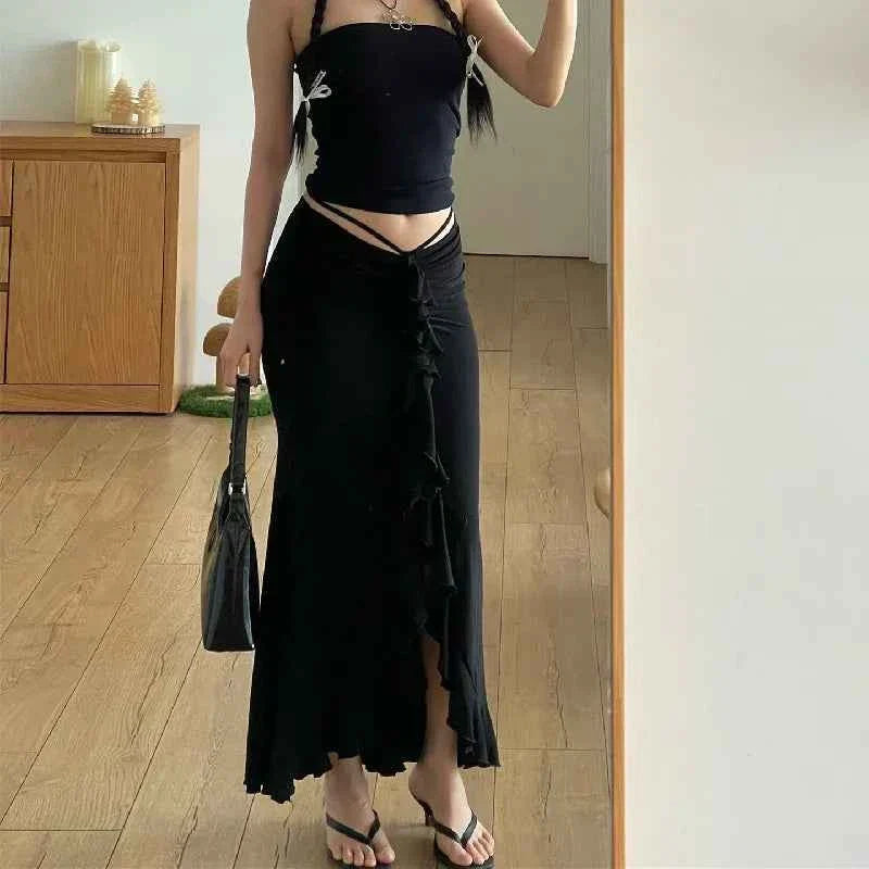 Women Solid Ruffles Skinny Skirt