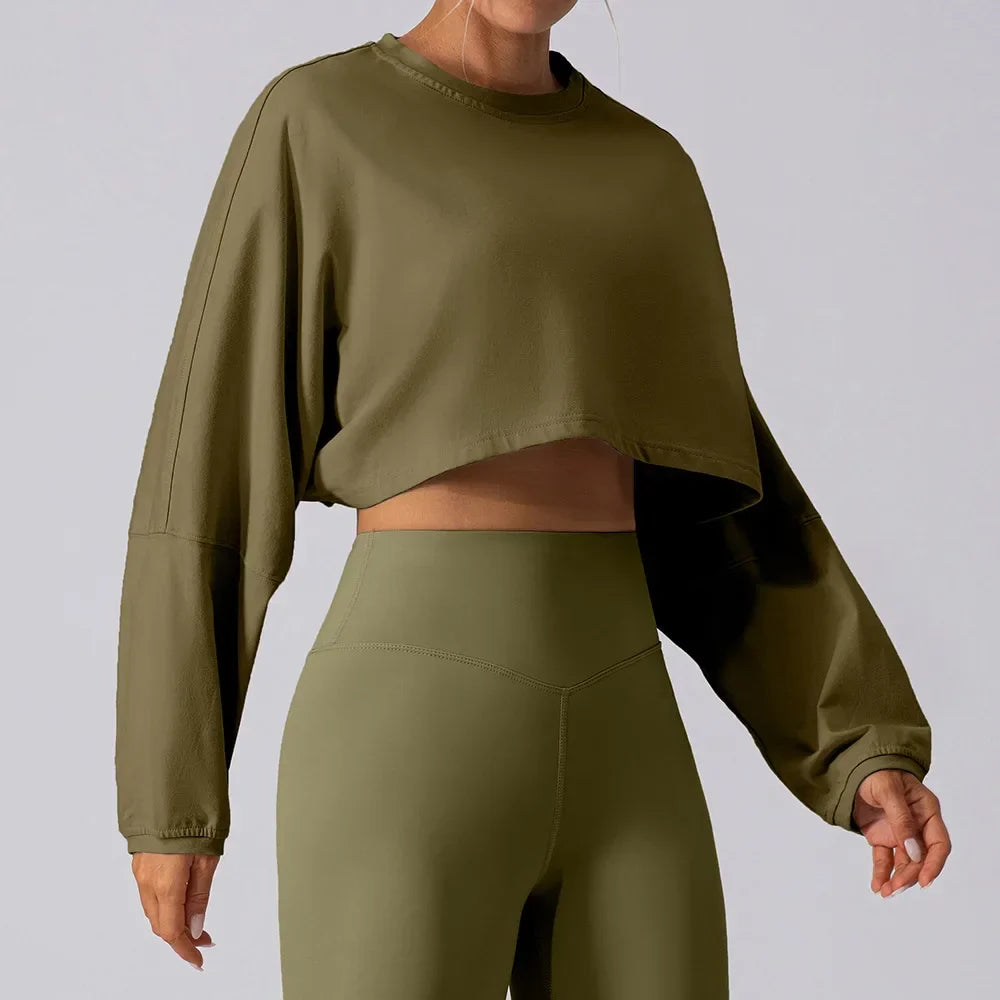 Women Sports Crop Top Long Sleeve T-Shirts - Army Green / S 4