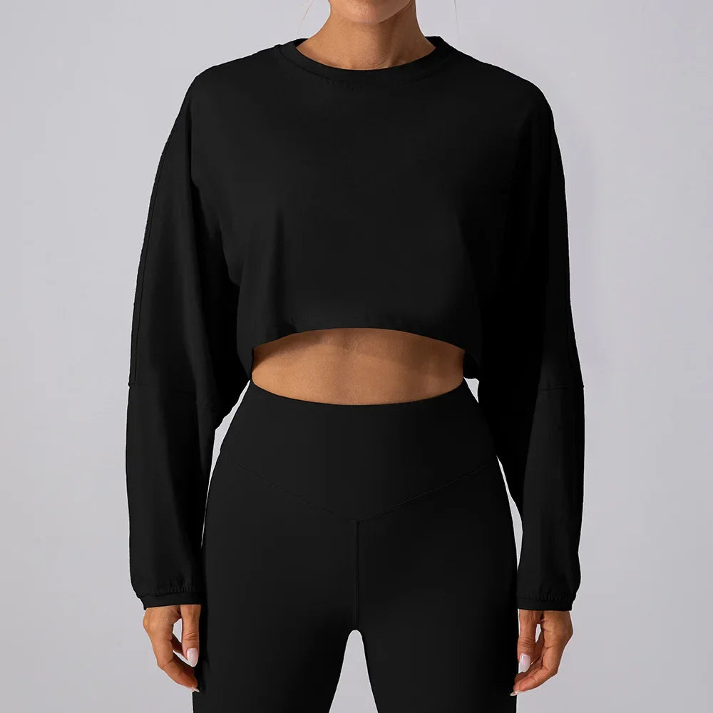 Women Sports Crop Top Long Sleeve T-Shirts - Black / S 4