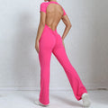 Women Sports Flared Pants Fitness Rompers Stretch Workout Bodysuits Jumpsuit - rose red / S / CHINA