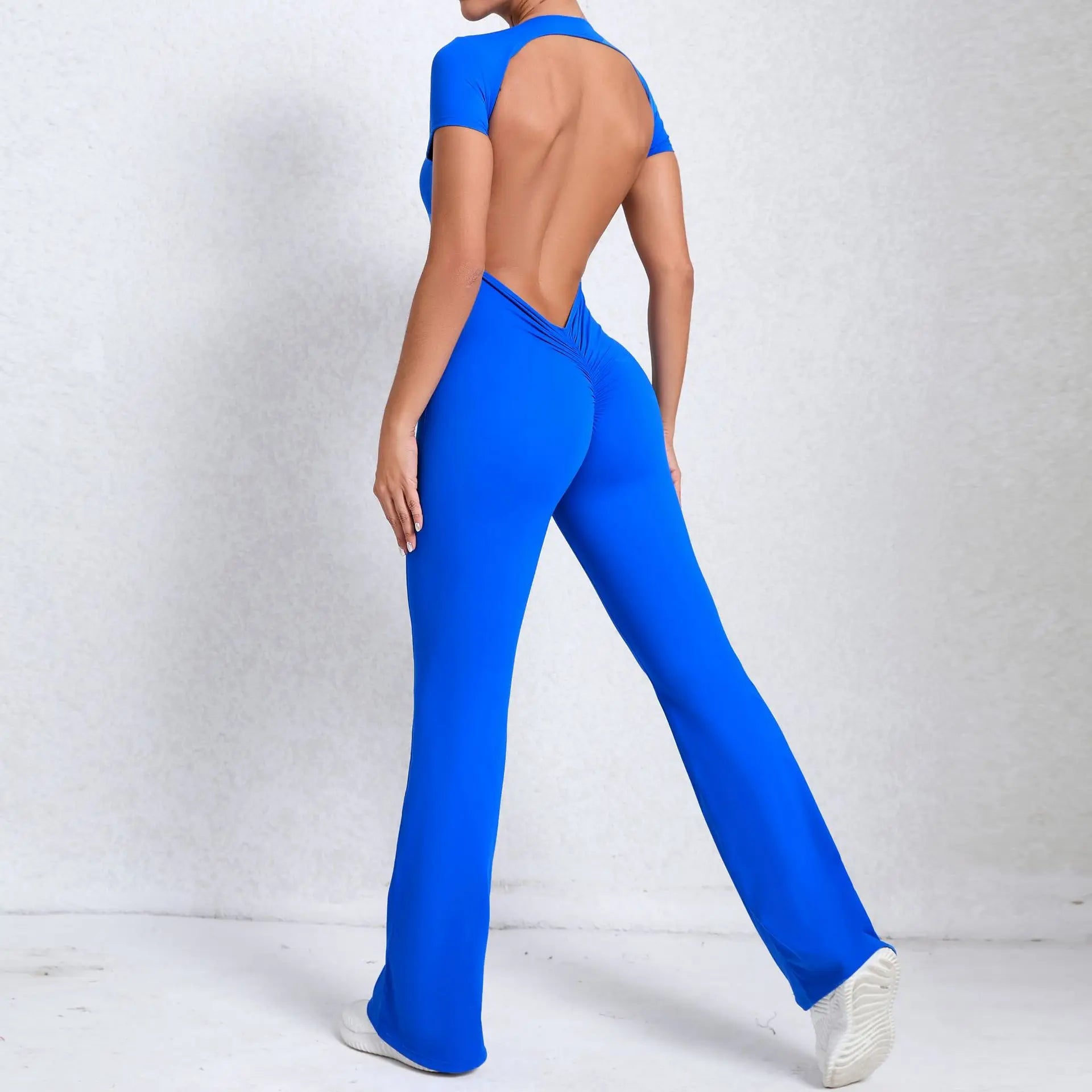 Women Sports Flared Pants Fitness Rompers Stretch Workout Bodysuits Jumpsuit - navy blue / S / CHINA