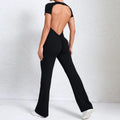 Women Sports Flared Pants Fitness Rompers Stretch Workout Bodysuits Jumpsuit - Black / S / CHINA