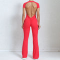 Women Sports Flared Pants Fitness Rompers Stretch Workout Bodysuits Jumpsuit - red / M / CHINA