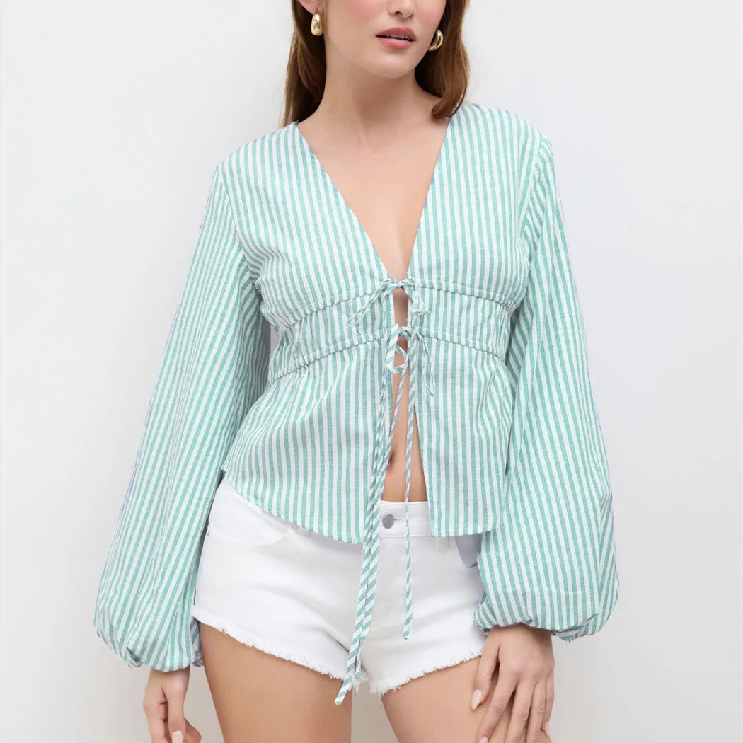 Women Spring Fall Stripe Print Shirt Long Lantern Sleeve - green / L