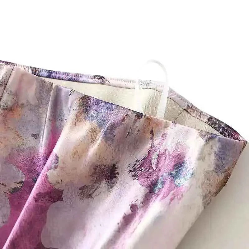 Women Spring Summer Floral Print Satin Long Skirt