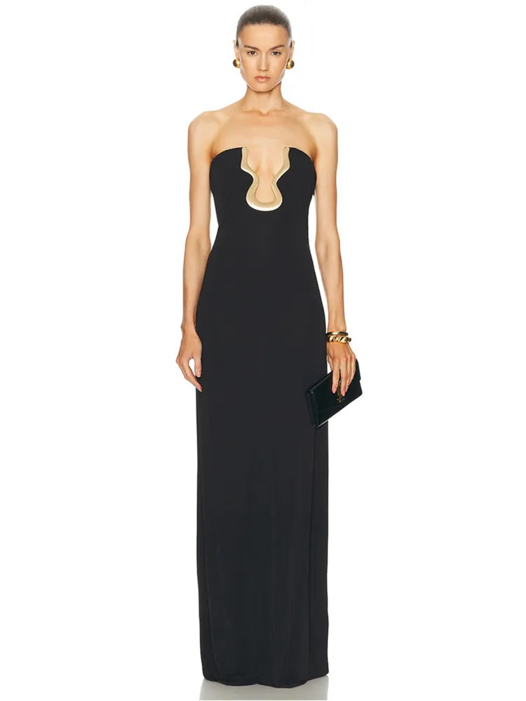 Women Strapless Backless Black Maxi Long Dress