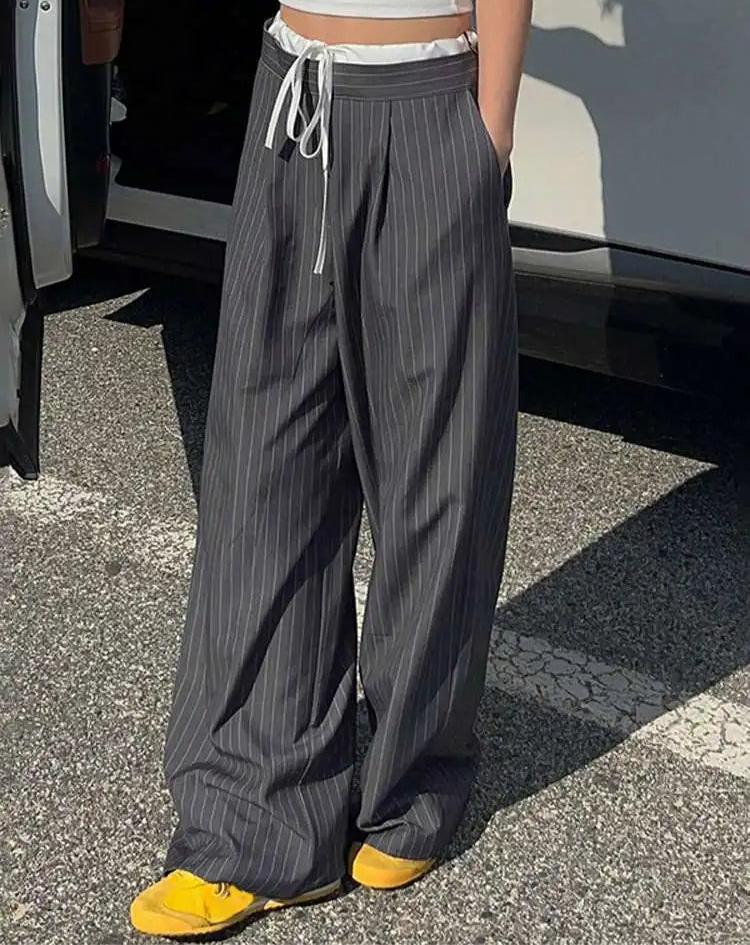 Women Stripe Pants Casual Wide Leg Trousers