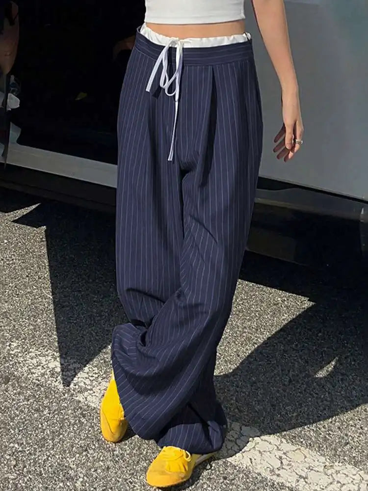 Women Stripe Pants Casual Wide Leg Trousers - XXL / dark blue