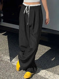 Women Stripe Pants Casual Wide Leg Trousers - XL / black