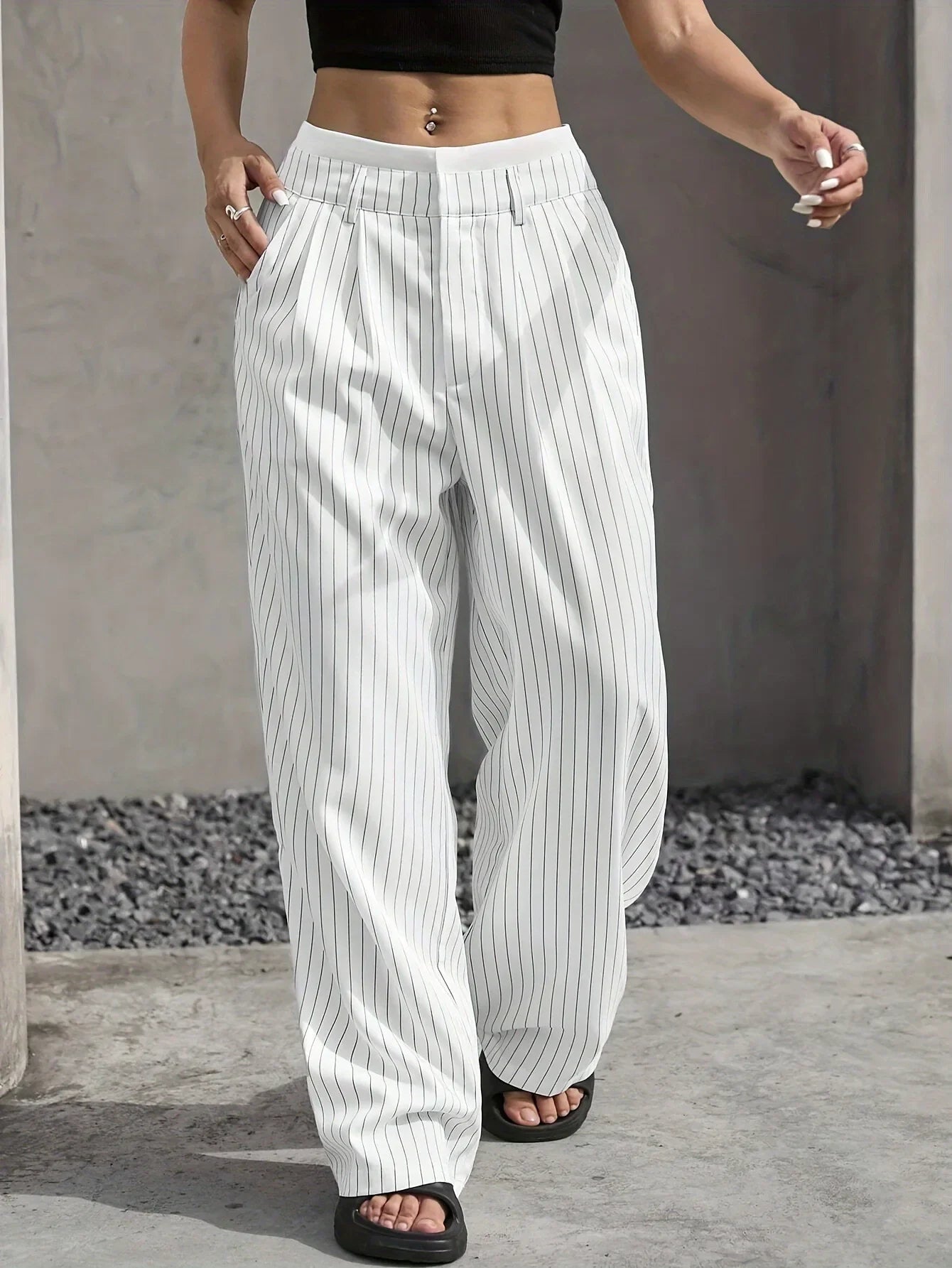 Women Stripes Printed Full Length Pants - WHITE / M