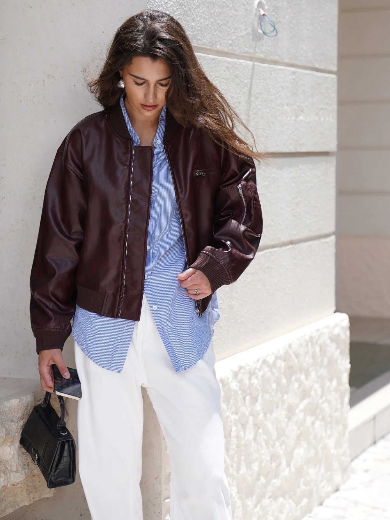 Women Stylish Autumn Pu Leather Bomber Jacket
