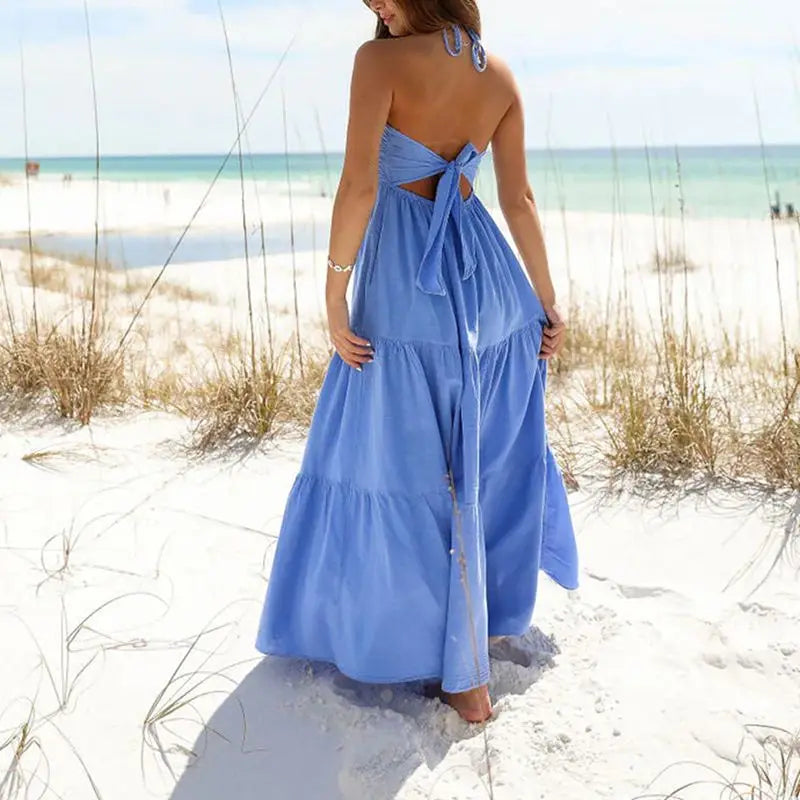 Women Summer Lace-up Halter Neck Casual Ruffle A-line Long Dress