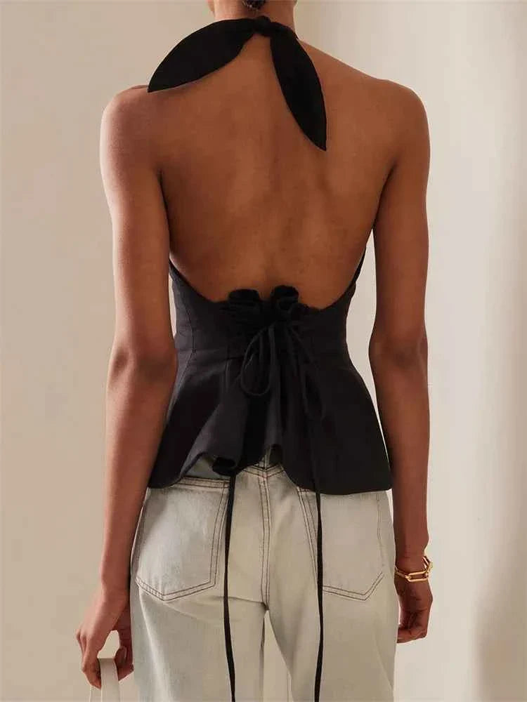 Women Tank Tops Sleeveless Backless Tie-up Halter Off Shoulder