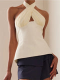 Women Tank Tops Sleeveless Backless Tie-up Halter Off Shoulder - WHITE / L