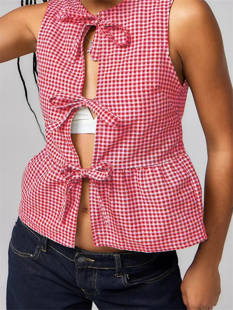 Women Tank Tops Sleeveless Round Neck Front Split Tie-up