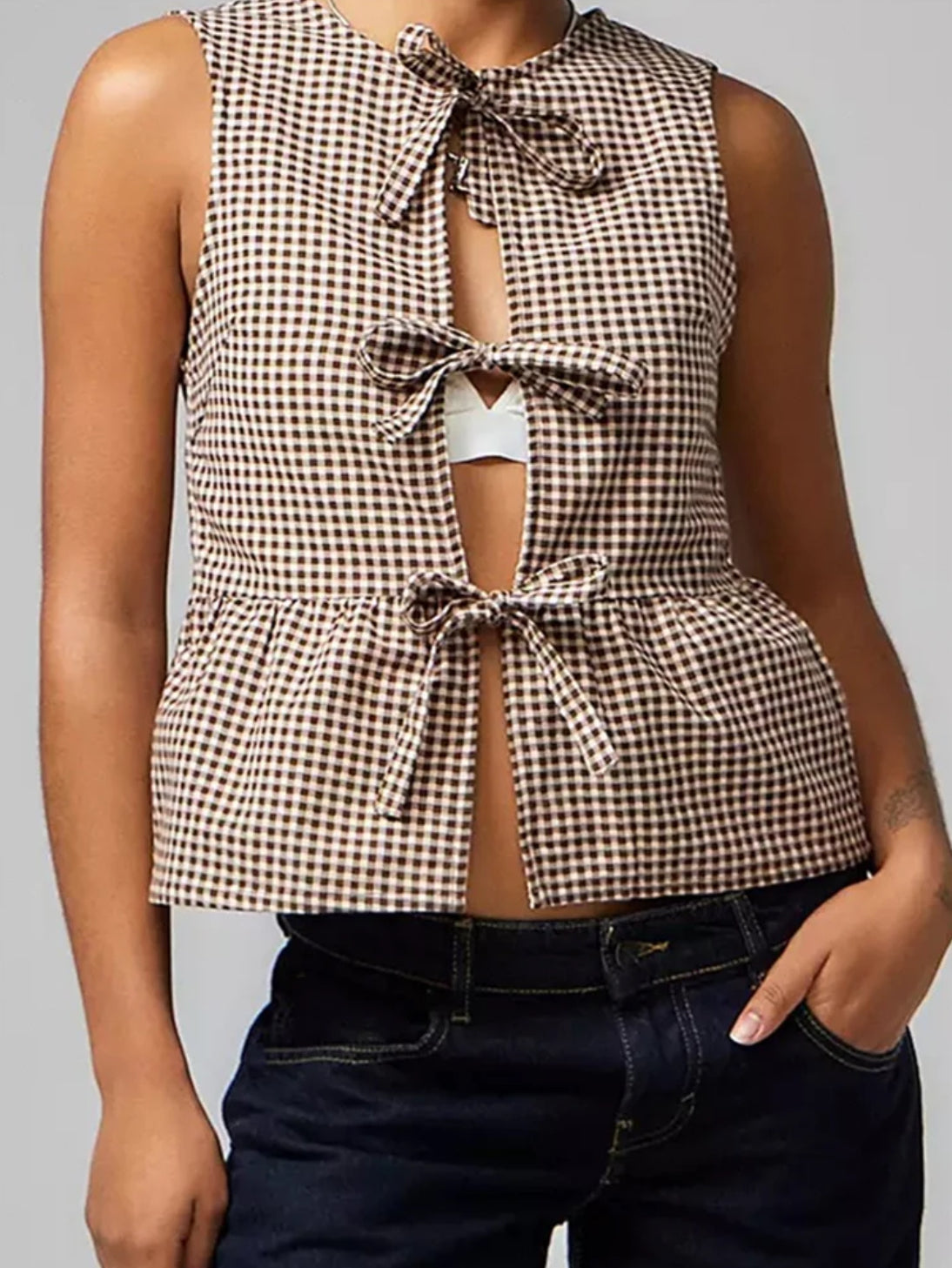 Women Tank Tops Sleeveless Round Neck Front Split Tie-up