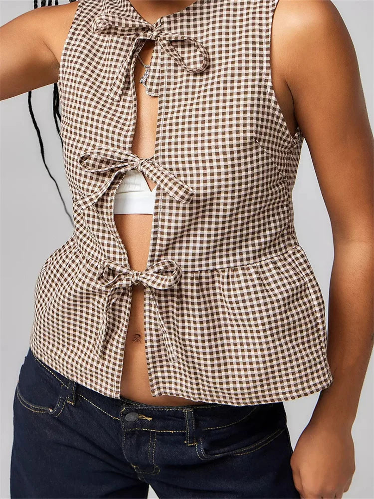 Women Tank Tops Sleeveless Round Neck Front Split Tie-up - A / M