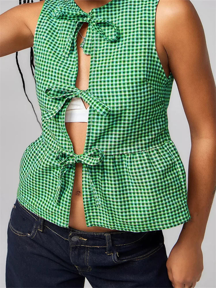 Women Tank Tops Sleeveless Round Neck Front Split Tie-up - E / L