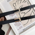 Women Thin Belt Black PU Leather - black golden button