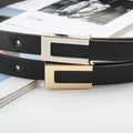 Women Thin Belt Black PU Leather - black golden button