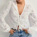Women Tie Front Blouse Top Long Sleeve